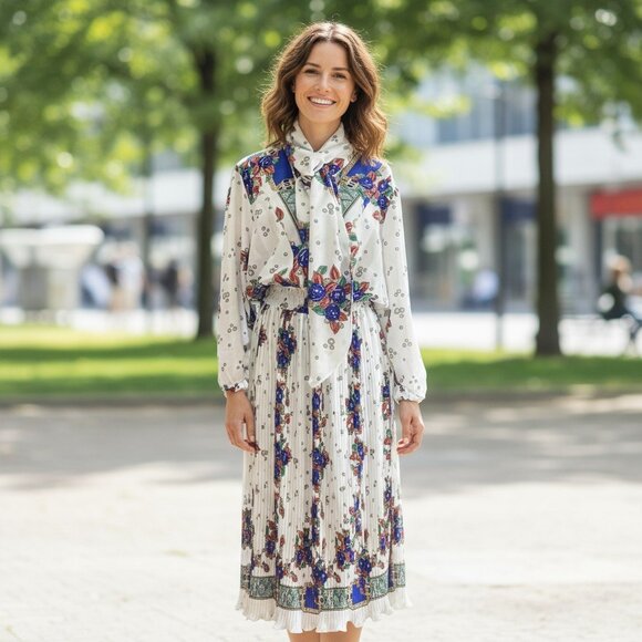 Vintage 80's DIANE FREIS Boho Dress Georgette Midi Floral Paisley Scarf M/L - Picture 1 of 16